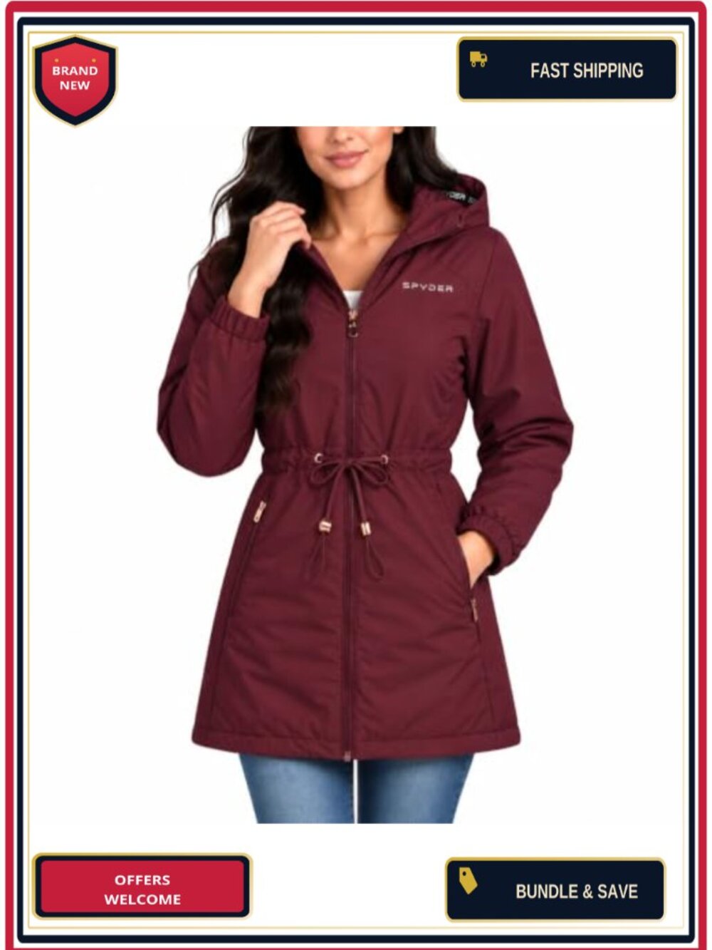 Women's Long Length Insulated Windbreaker Jacket Cinched Waist Hooded